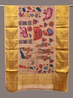 Cream Kalamkari Hand Painted Kanchipuram Silk Handloom Dupatta with Ajanta Design - Global Threads | Grocsy