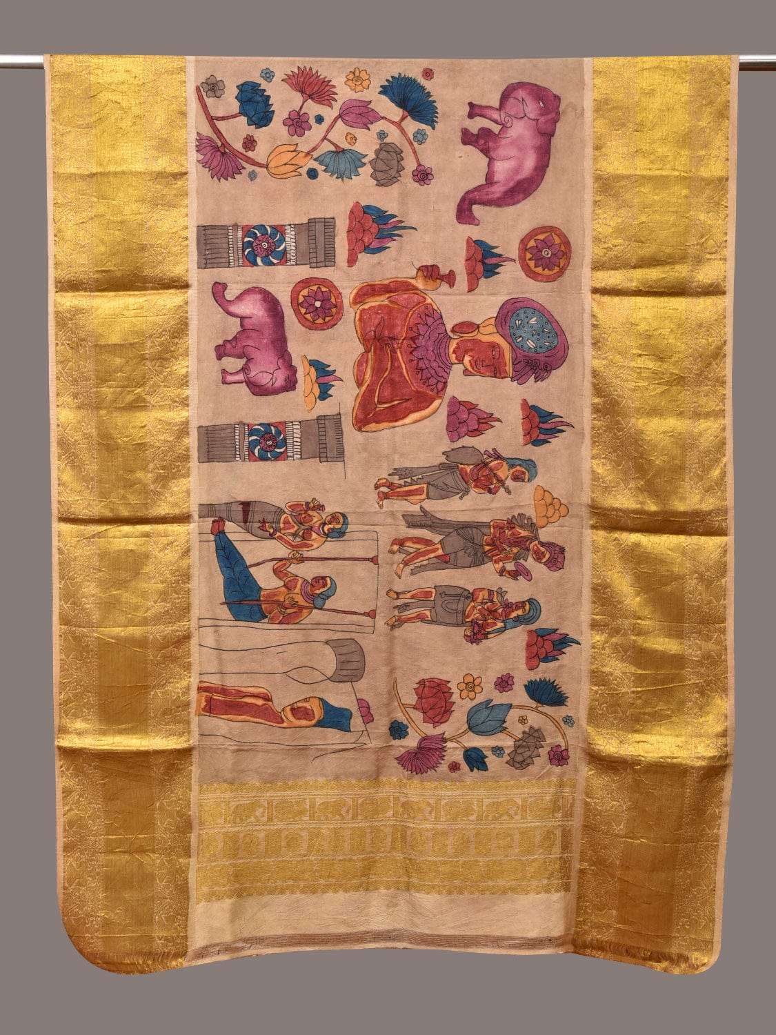 Cream Kalamkari Hand Painted Kanchipuram Silk Handloom Dupatta with Ajanta Design - Global Threads | Grocsy