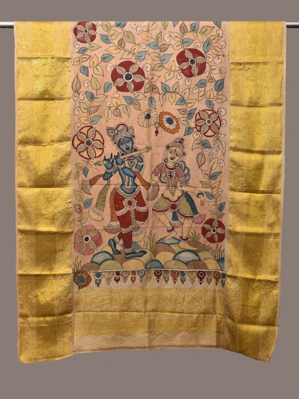 Cream Kalamkari Hand Painted Kanchipuram Silk Handloom Dupatta with Krishna and Radha Design - Global Threads | Grocsy