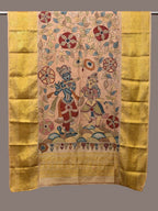 Cream Kalamkari Hand Painted Kanchipuram Silk Handloom Dupatta with Krishna and Radha Design - Global Threads | Grocsy