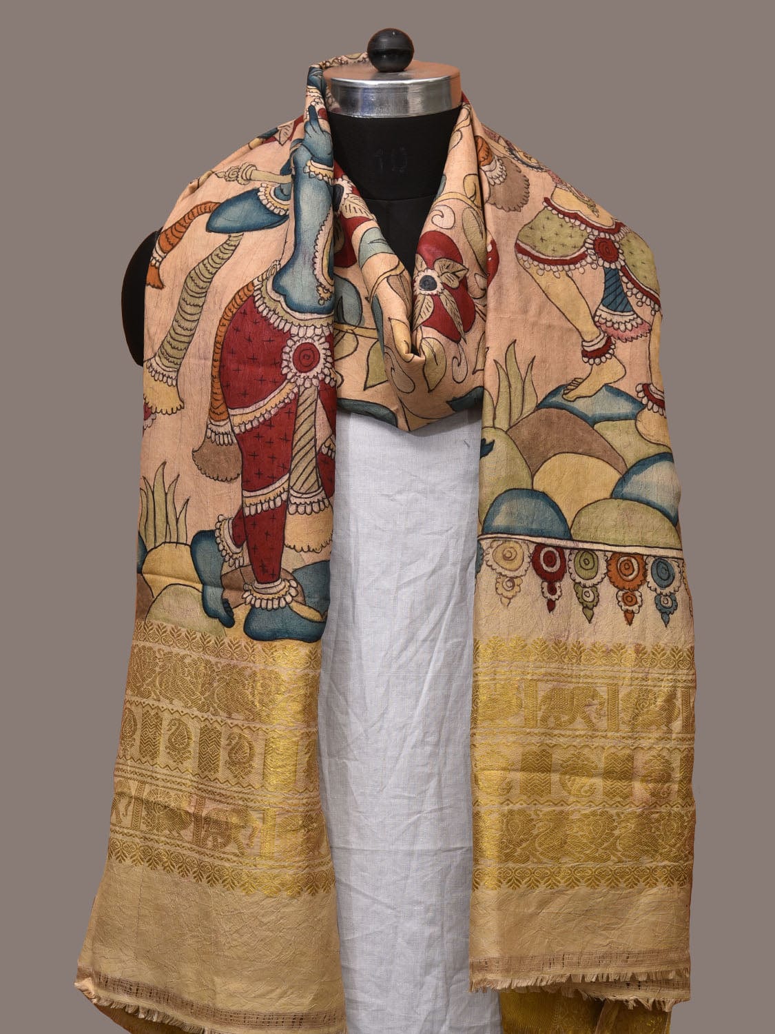 Cream Kalamkari Hand Painted Kanchipuram Silk Handloom Dupatta with Krishna and Radha Design - Global Threads | Grocsy