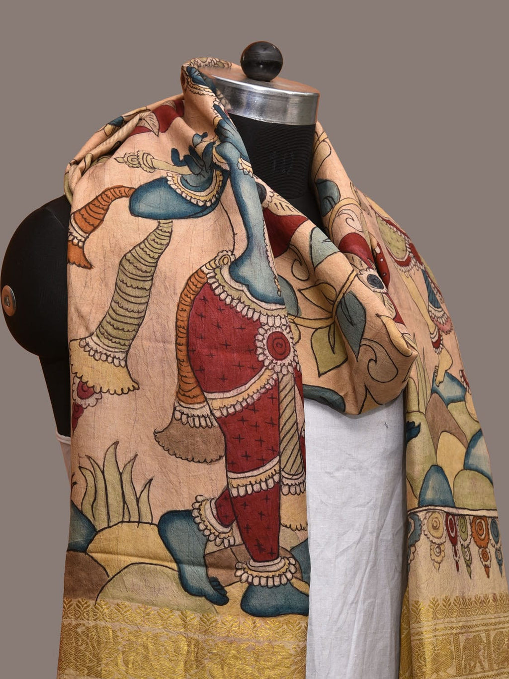 Cream Kalamkari Hand Painted Kanchipuram Silk Handloom Dupatta with Krishna and Radha Design - Global Threads | Grocsy