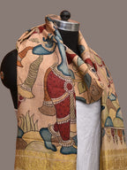 Cream Kalamkari Hand Painted Kanchipuram Silk Handloom Dupatta with Krishna and Radha Design - Global Threads | Grocsy