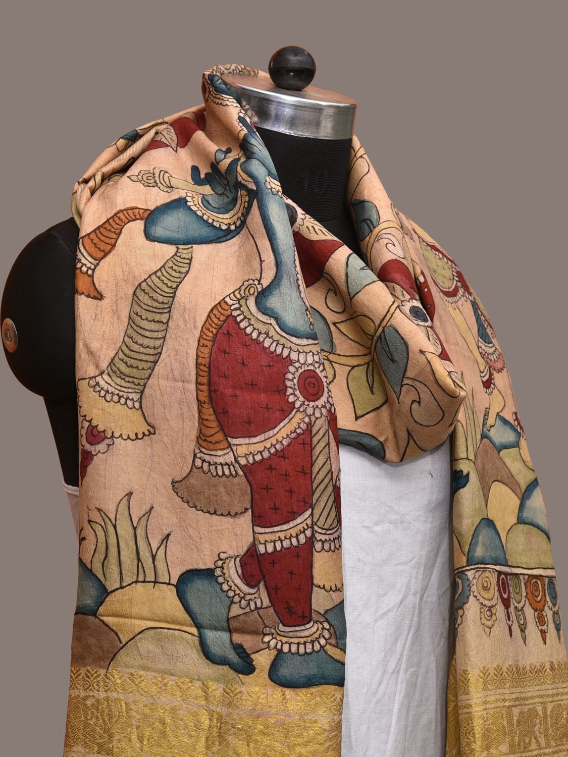 Cream Kalamkari Hand Painted Kanchipuram Silk Handloom Dupatta with Krishna and Radha Design - Global Threads | Grocsy