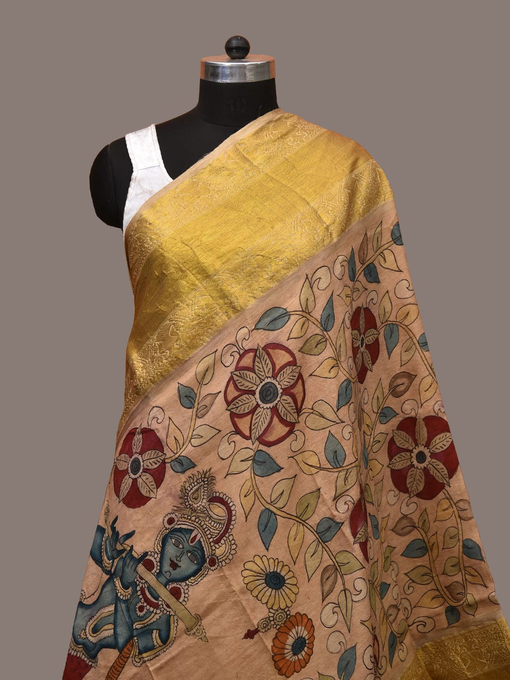 Cream Kalamkari Hand Painted Kanchipuram Silk Handloom Dupatta with Krishna and Radha Design - Global Threads | Grocsy