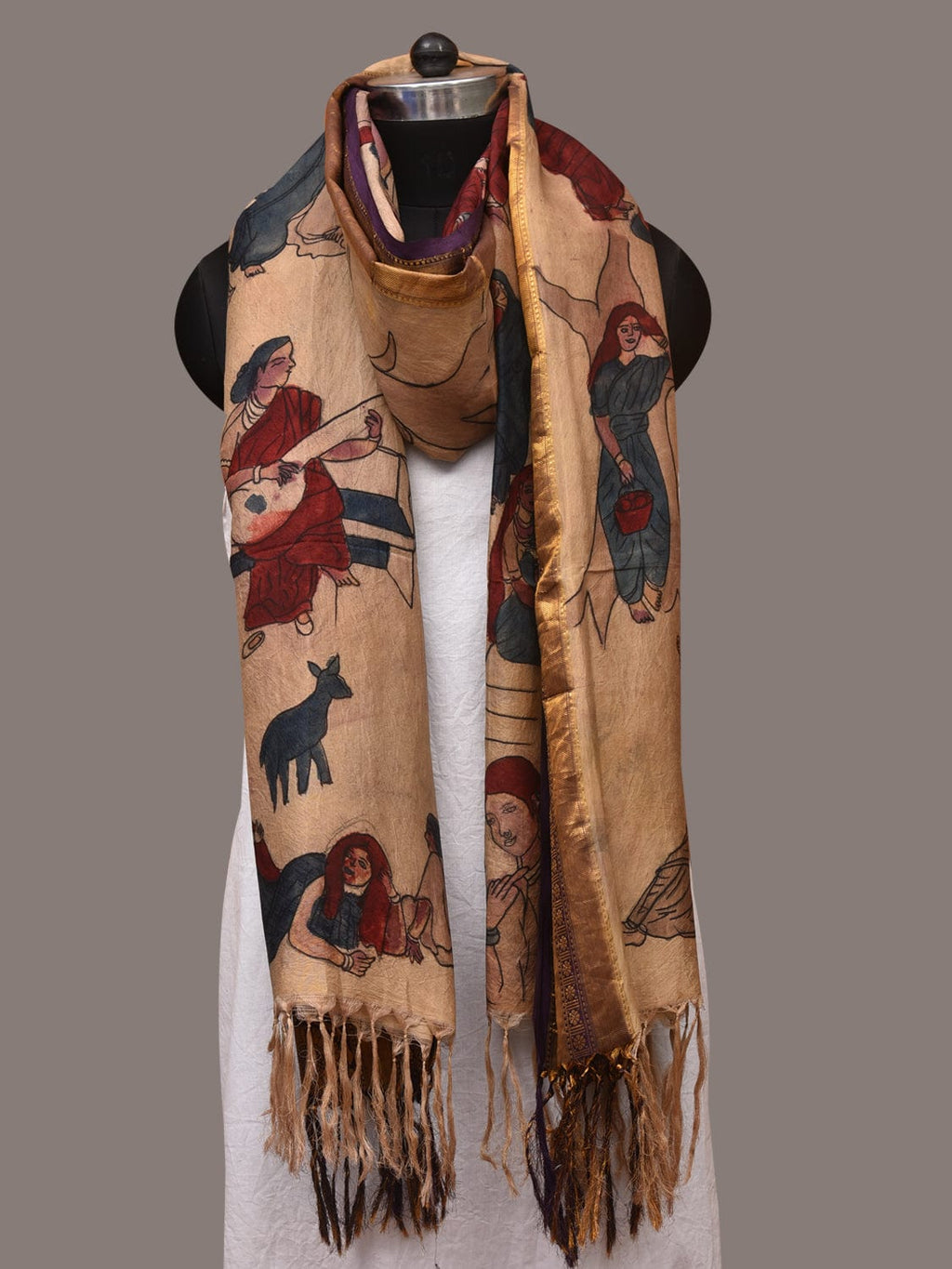 Cream Kalamkari Hand Painted Kanchipuram Silk Handloom Dupatta with Painting Design - Global Threads | Grocsy
