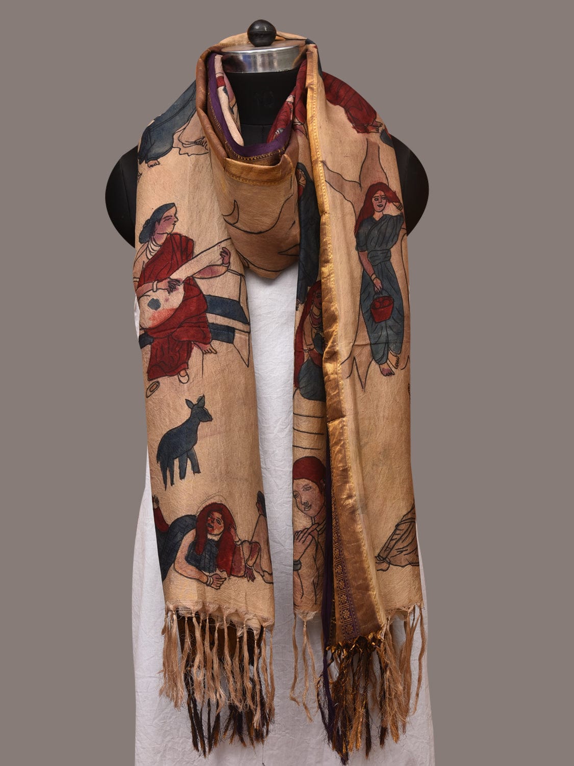 Cream Kalamkari Hand Painted Kanchipuram Silk Handloom Dupatta with Painting Design - Global Threads | Grocsy