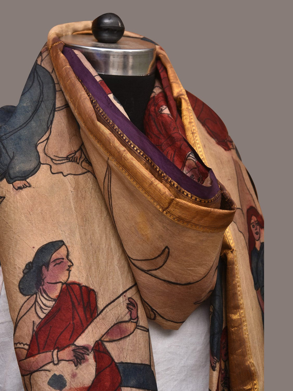Cream Kalamkari Hand Painted Kanchipuram Silk Handloom Dupatta with Painting Design - Global Threads | Grocsy
