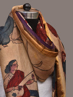 Cream Kalamkari Hand Painted Kanchipuram Silk Handloom Dupatta with Painting Design - Global Threads | Grocsy