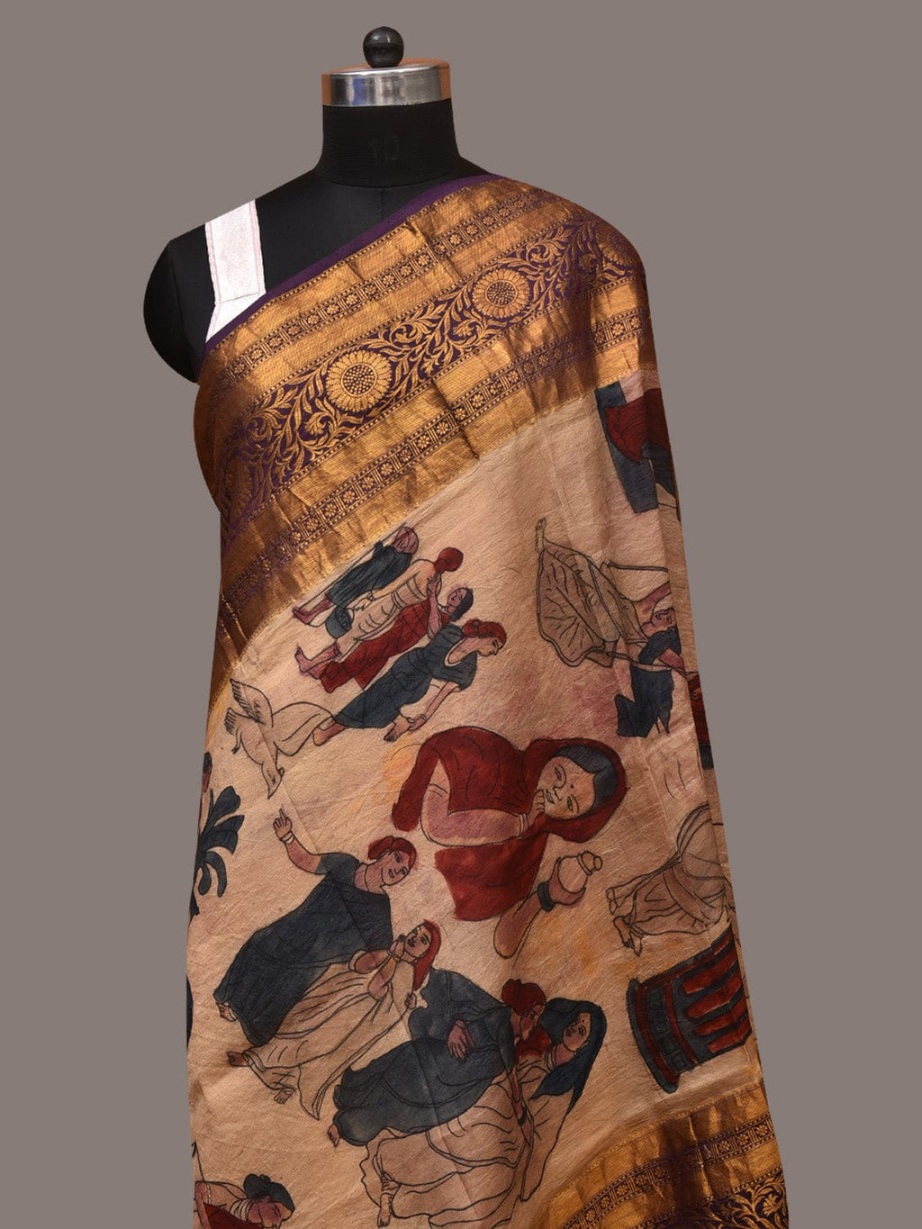 Cream Kalamkari Hand Painted Kanchipuram Silk Handloom Dupatta with Painting Design - Global Threads | Grocsy