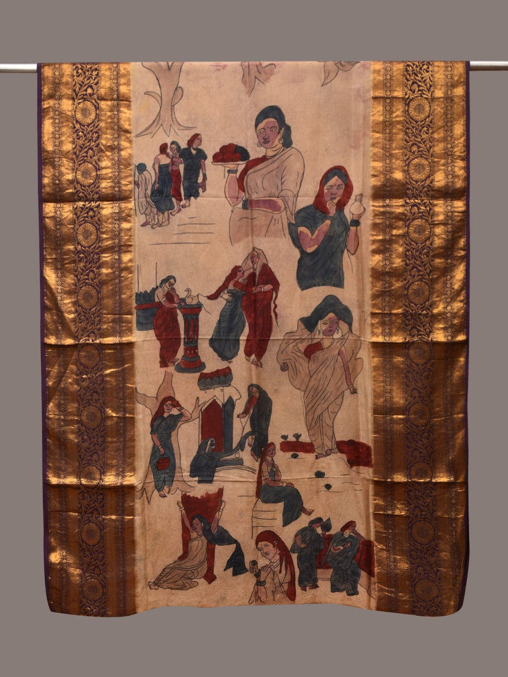 Cream Kalamkari Hand Painted Kanchipuram Silk Handloom Dupatta with Painting Design - Global Threads | Grocsy