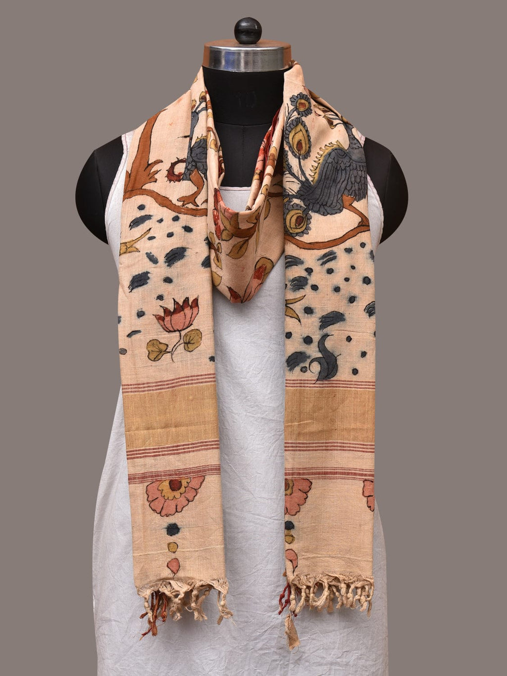 Cream Kalamkari Hand Painted Khadi Cotton Handloom Dupatta with Tree of Life Design - Global Threads | Grocsy