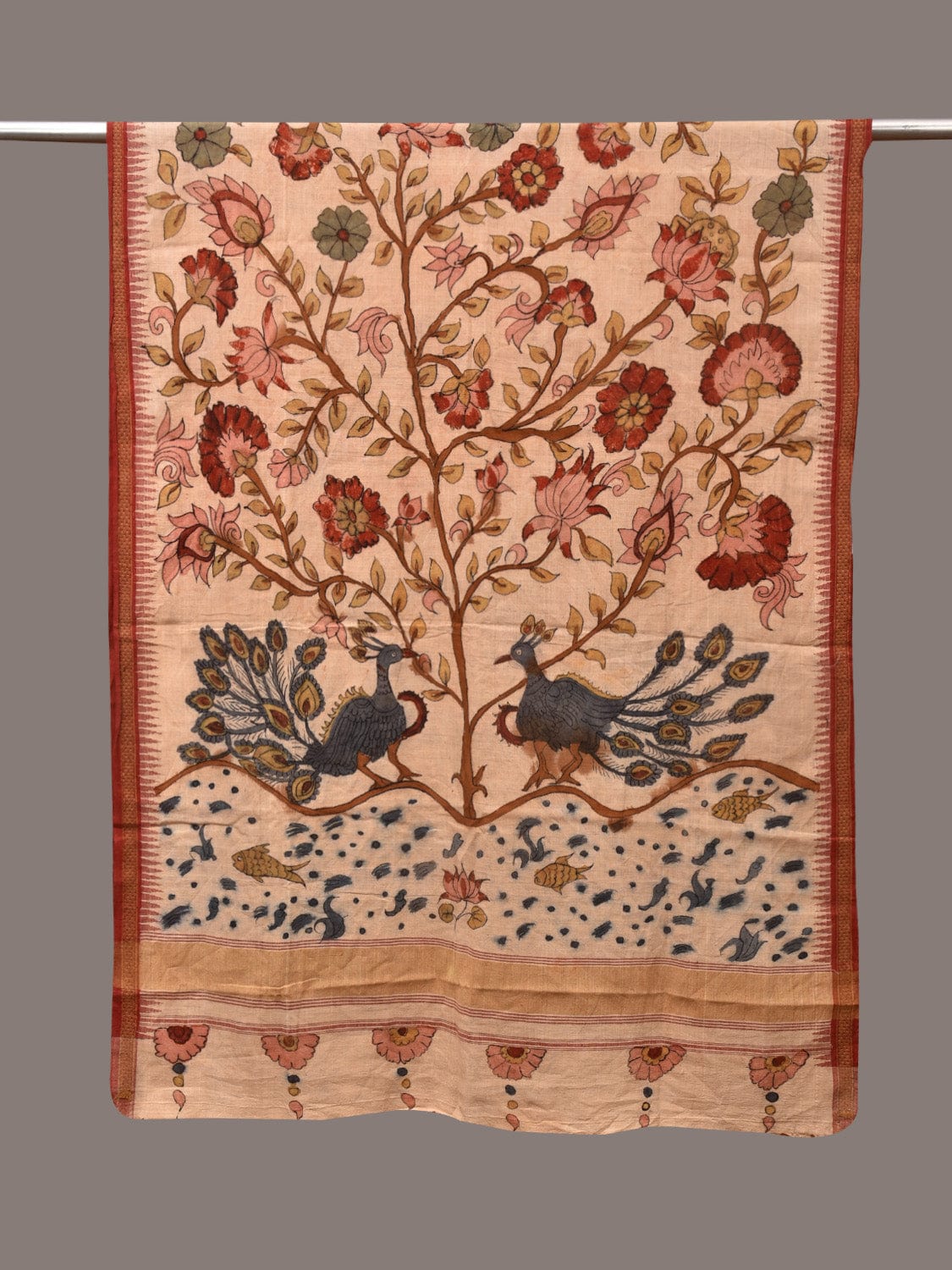 Cream Kalamkari Hand Painted Khadi Cotton Handloom Dupatta with Tree of Life Design - Global Threads | Grocsy