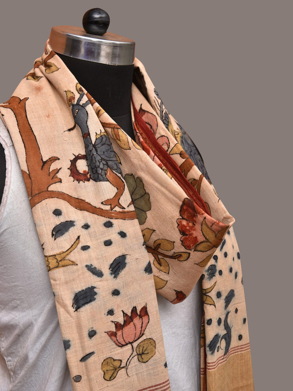 Cream Kalamkari Hand Painted Khadi Cotton Handloom Dupatta with Tree of Life Design - Global Threads | Grocsy