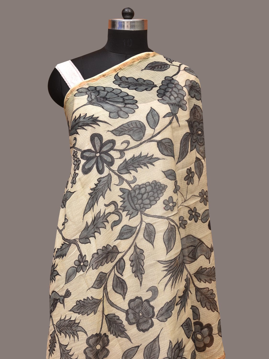 Cream Kalamkari Hand Painted Kota Silk Dupatta with Floral and Birds Design - Global Threads | Grocsy
