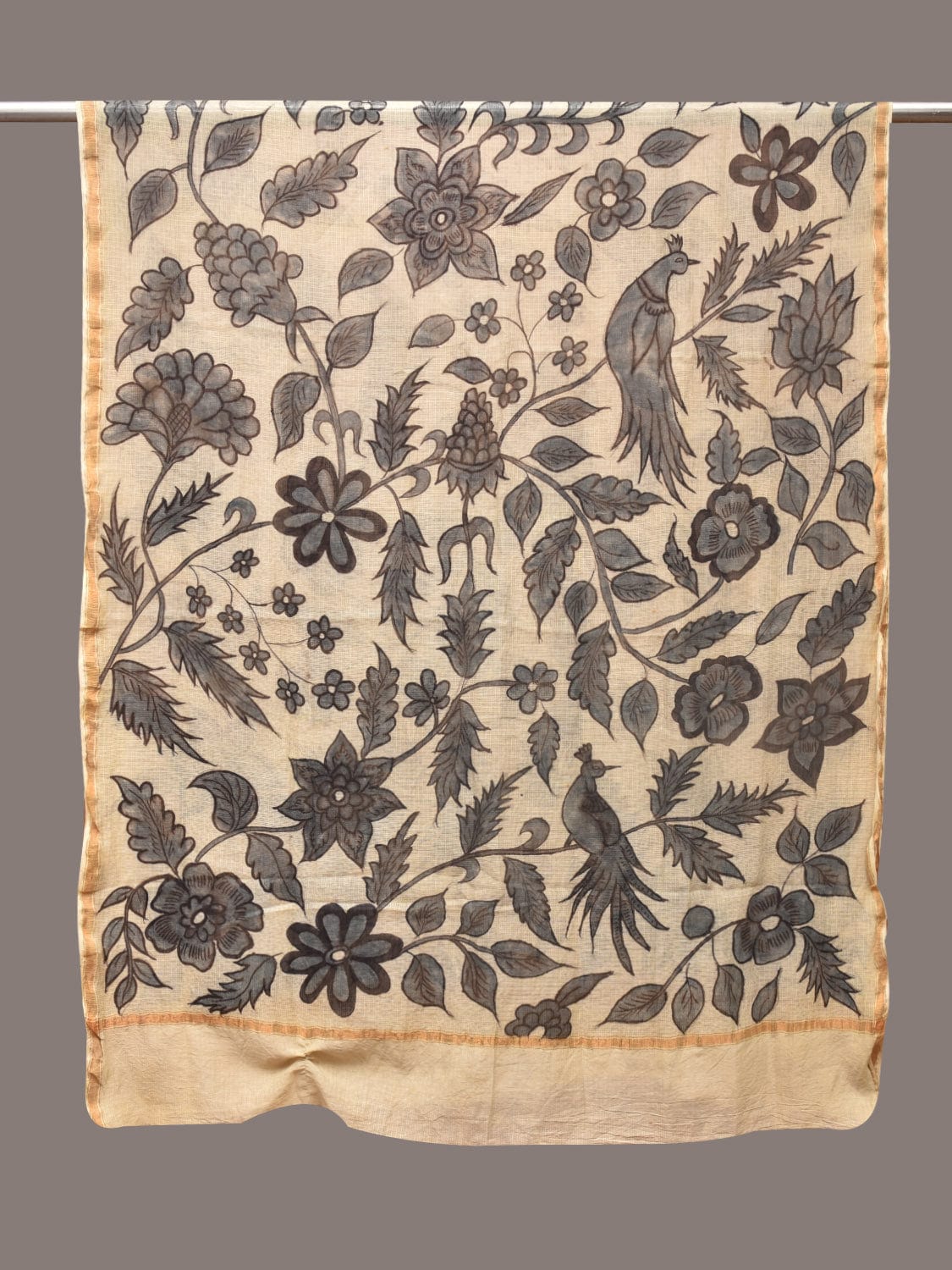 Cream Kalamkari Hand Painted Kota Silk Dupatta with Floral and Birds Design - Global Threads | Grocsy