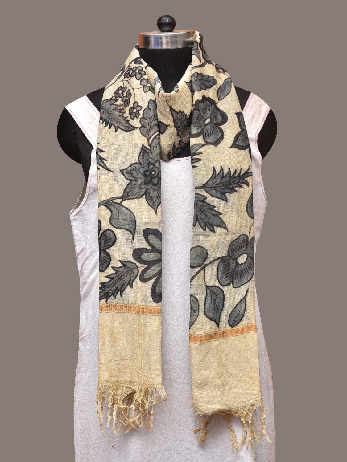 Cream Kalamkari Hand Painted Kota Silk Dupatta with Floral and Birds Design - Global Threads | Grocsy