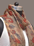 Cream Kalamkari Hand Painted Organza Stole with Floral Design - Global Threads | Grocsy