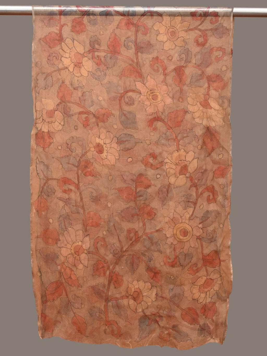 Cream Kalamkari Hand Painted Organza Stole with Floral Design - Global Threads | Grocsy
