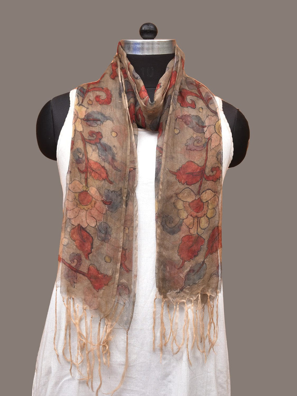 Cream Kalamkari Hand Painted Organza Stole with Floral Design - Global Threads | Grocsy