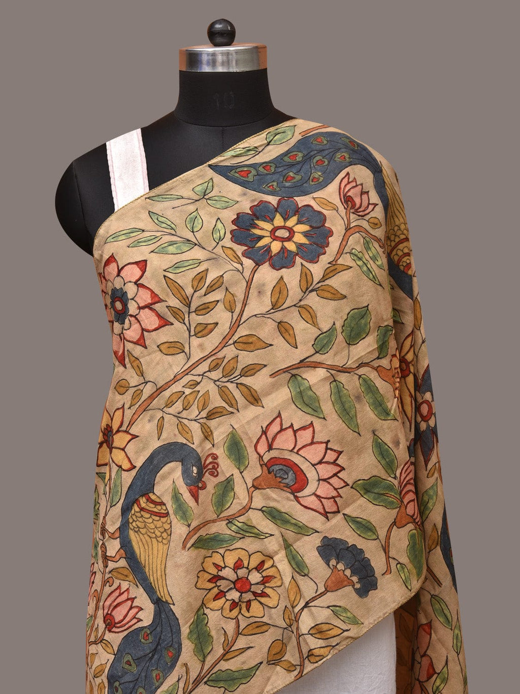 Cream Kalamkari Hand Painted Sico Stole with Floral and Peacocks Design - Global Threads | Grocsy