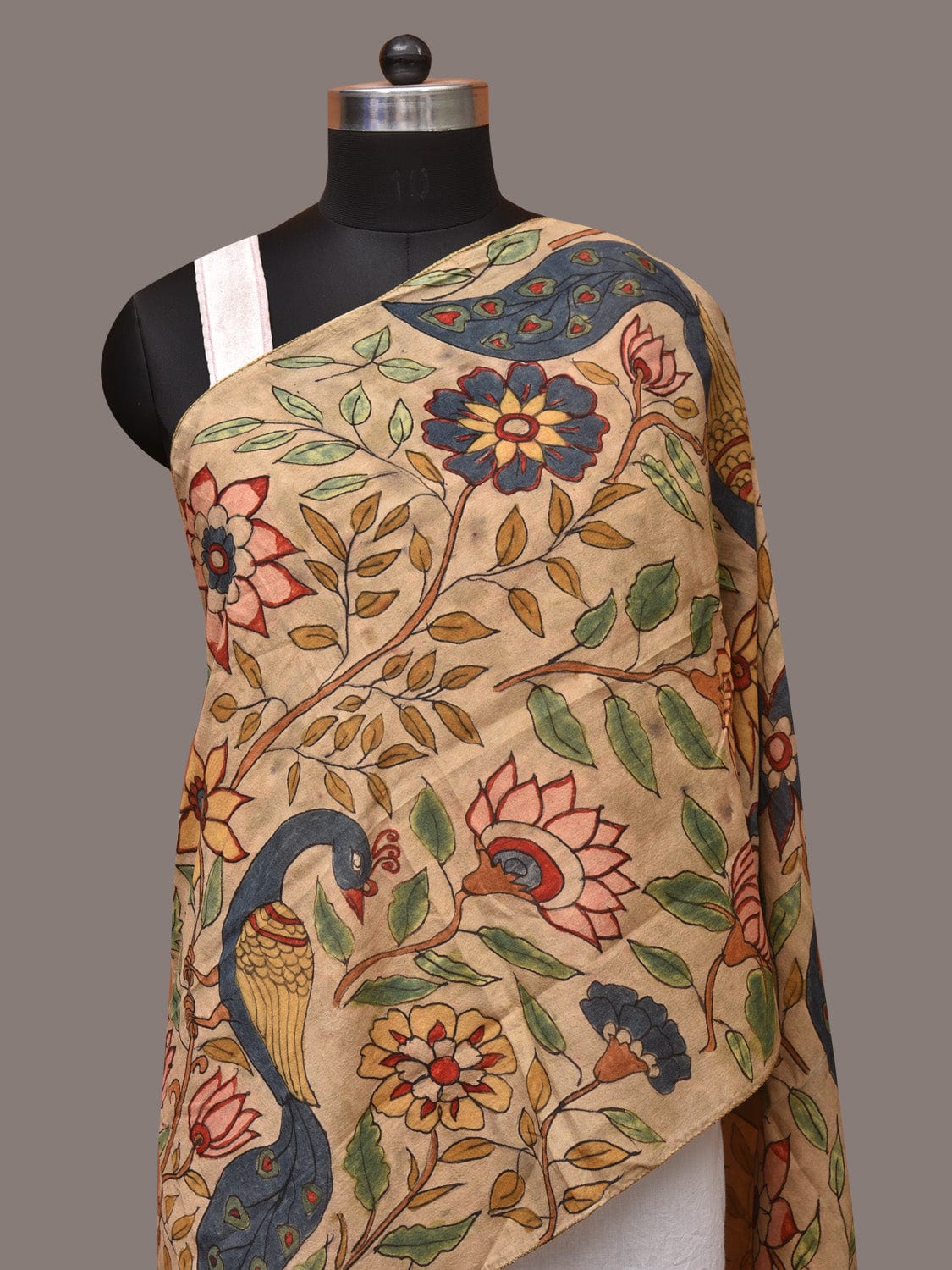 Cream Kalamkari Hand Painted Sico Stole with Floral and Peacocks Design - Global Threads | Grocsy