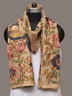 Cream Kalamkari Hand Painted Sico Stole with Floral and Peacocks Design - Global Threads | Grocsy