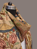 Cream Kalamkari Hand Painted Sico Stole with Floral and Peacocks Design - Global Threads | Grocsy