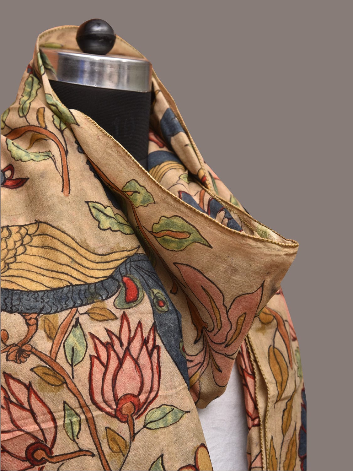 Cream Kalamkari Hand Painted Sico Stole with Floral and Peacocks Design - Global Threads | Grocsy