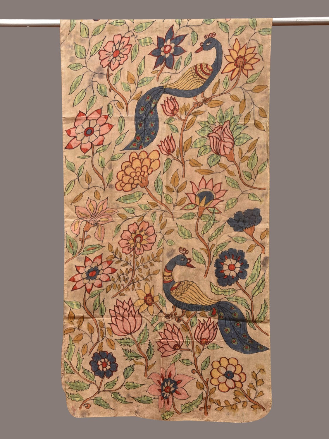 Cream Kalamkari Hand Painted Sico Stole with Floral and Peacocks Design - Global Threads | Grocsy