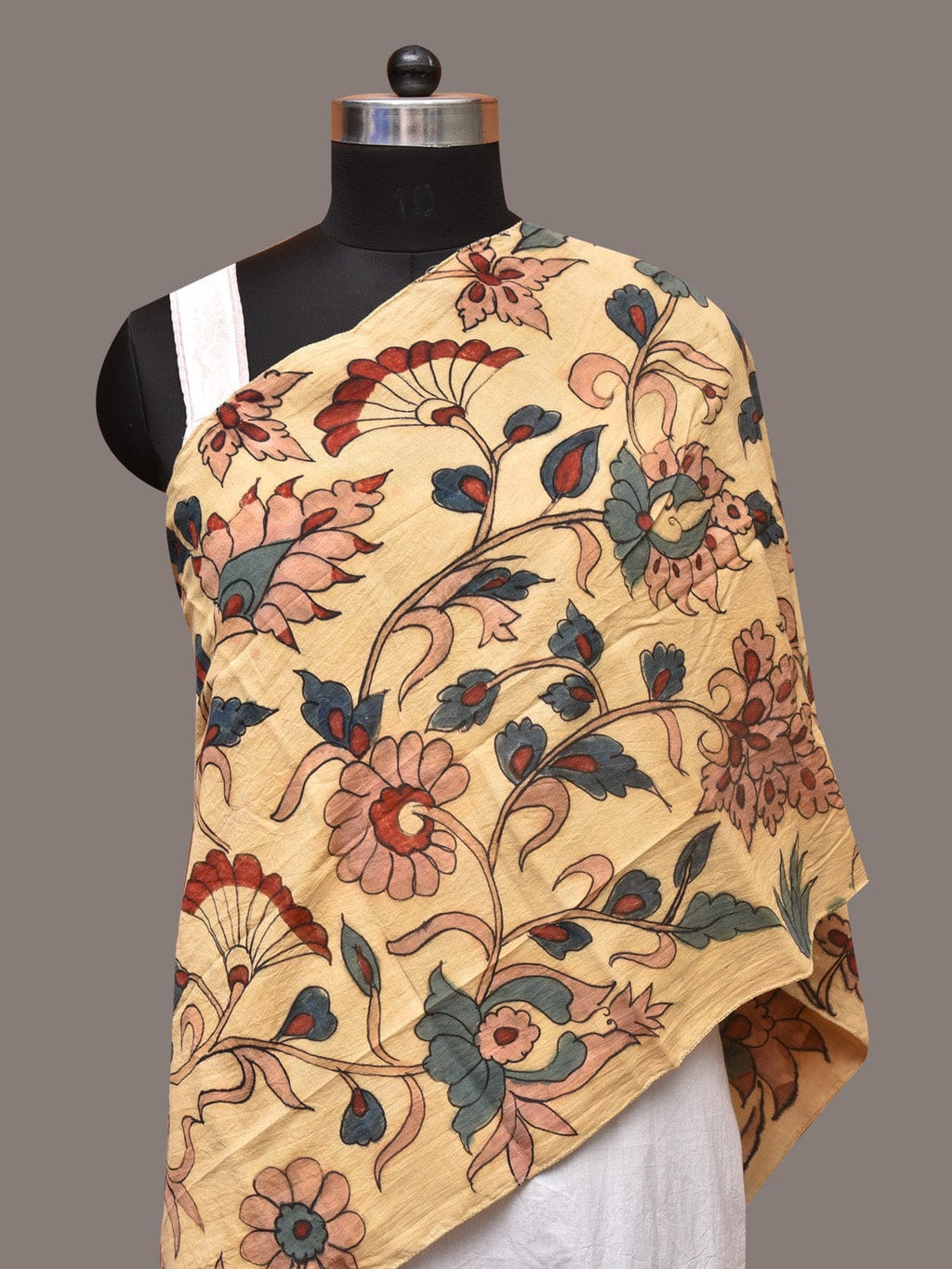 Cream Kalamkari Hand Painted Sico Stole with Floral Design - Global Threads | Grocsy