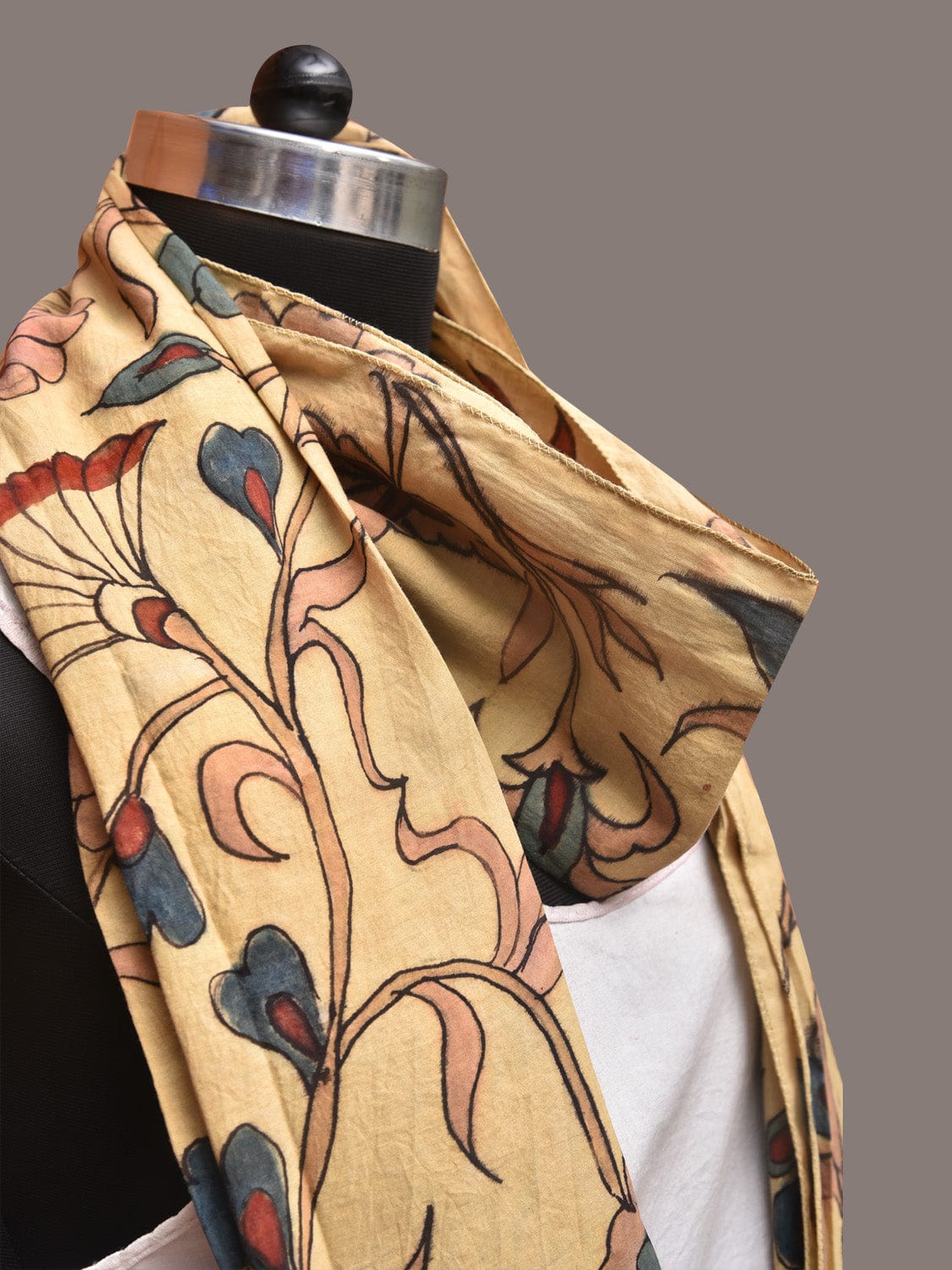 Cream Kalamkari Hand Painted Sico Stole with Floral Design - Global Threads | Grocsy
