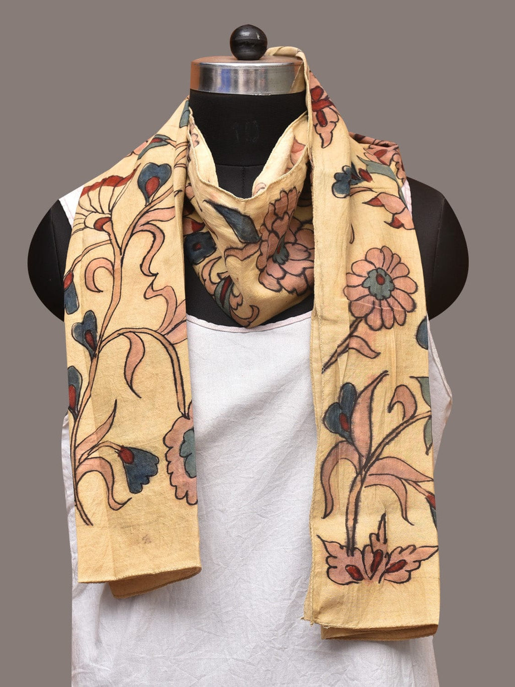 Cream Kalamkari Hand Painted Sico Stole with Floral Design - Global Threads | Grocsy