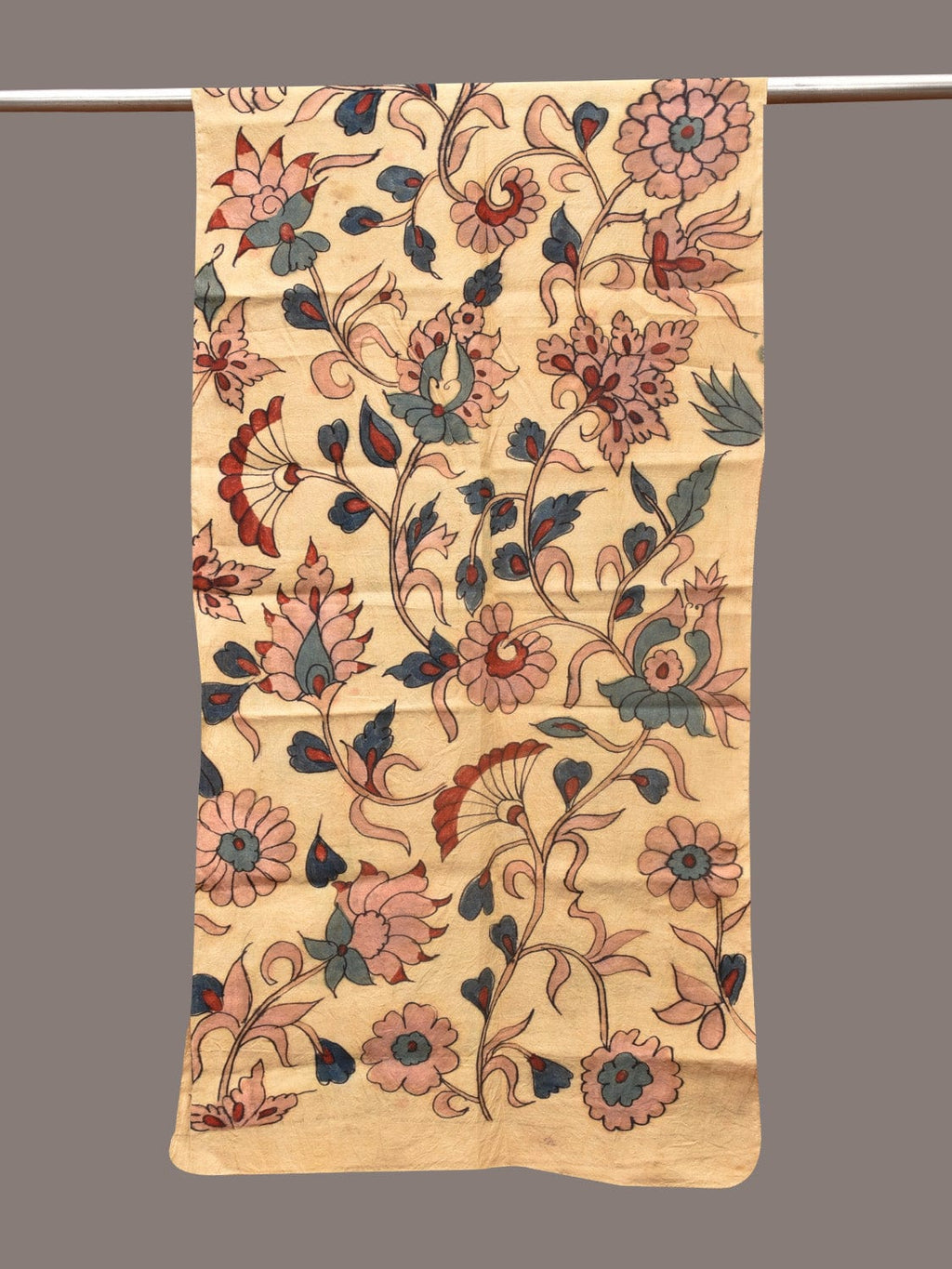 Cream Kalamkari Hand Painted Sico Stole with Floral Design - Global Threads | Grocsy