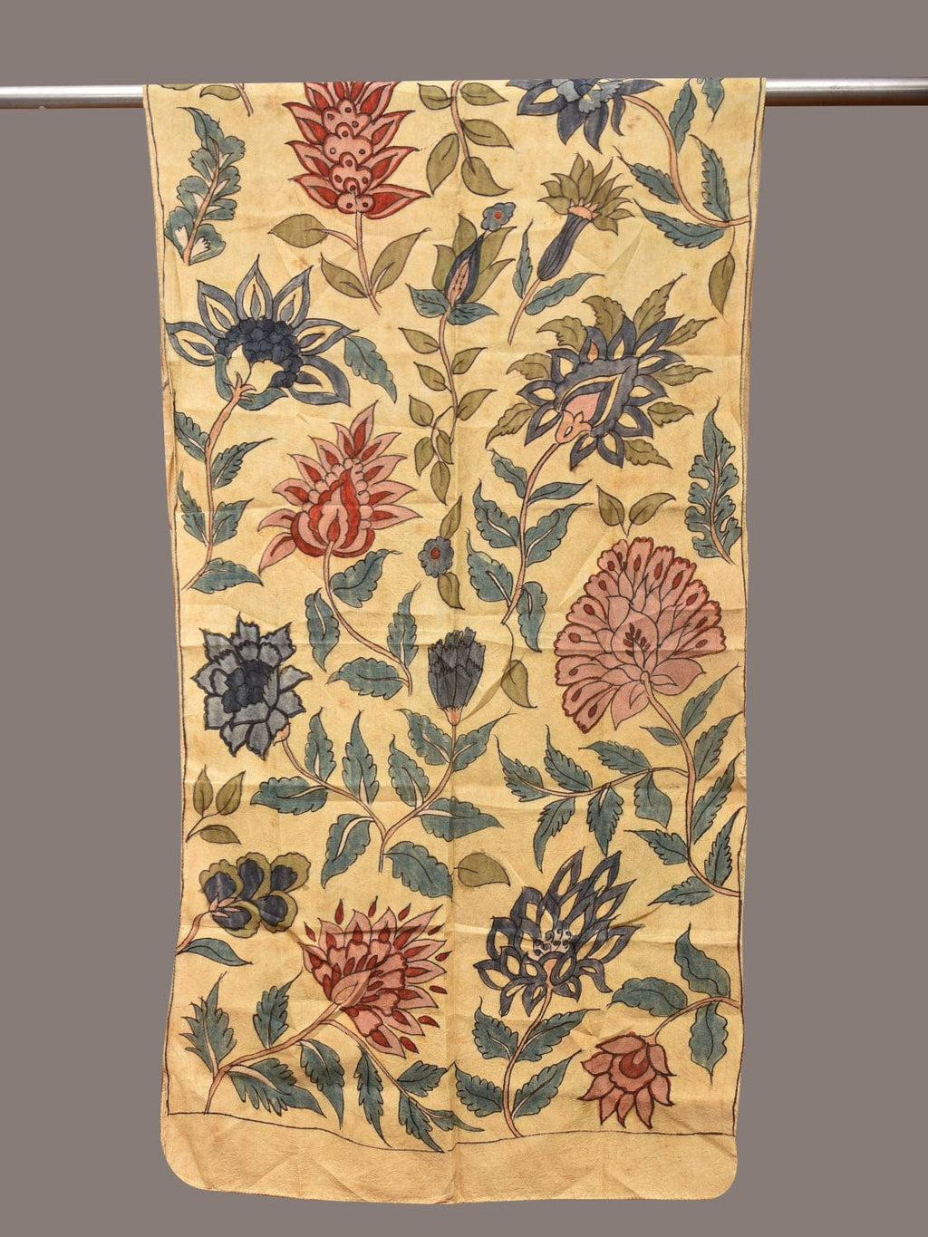 Cream Kalamkari Hand Painted Sico Stole with Floral Design - Global Threads | Grocsy