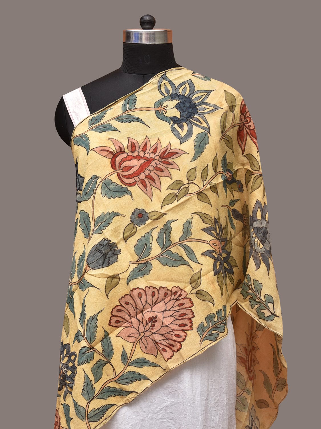 Cream Kalamkari Hand Painted Sico Stole with Floral Design - Global Threads | Grocsy