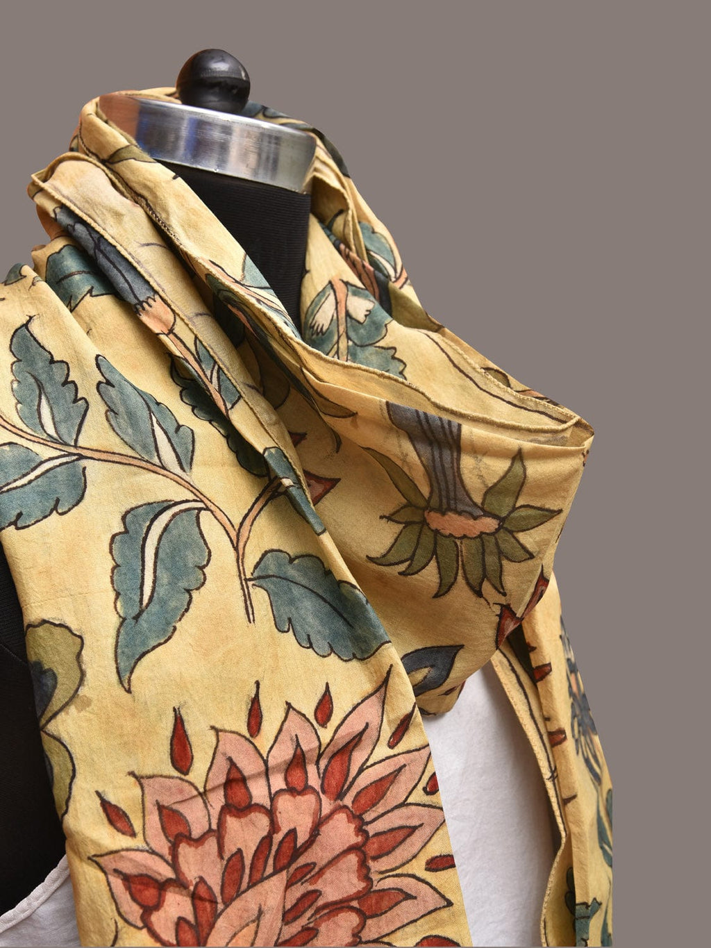 Cream Kalamkari Hand Painted Sico Stole with Floral Design - Global Threads | Grocsy
