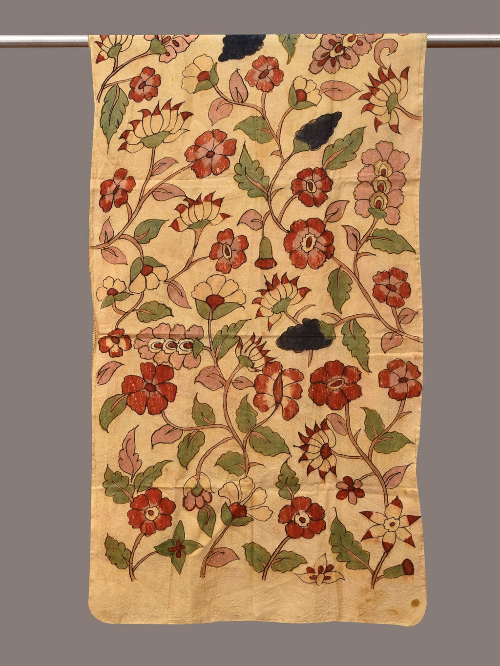 Cream Kalamkari Hand Painted Sico Stole with Floral Design - Global Threads | Grocsy