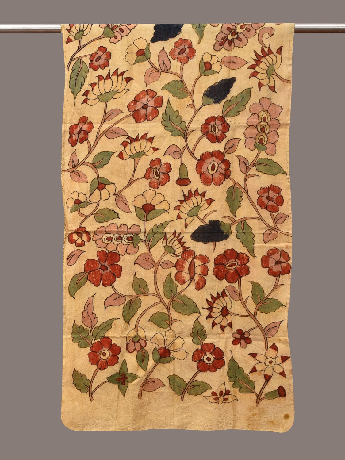 Cream Kalamkari Hand Painted Sico Stole with Floral Design - Global Threads | Grocsy