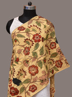 Cream Kalamkari Hand Painted Sico Stole with Floral Design - Global Threads | Grocsy