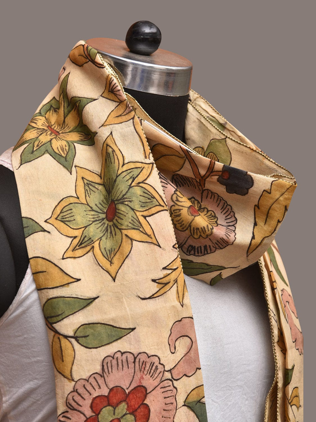 Cream Kalamkari Hand Painted Sico Stole with Floral Design - Global Threads | Grocsy