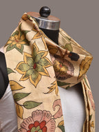 Cream Kalamkari Hand Painted Sico Stole with Floral Design - Global Threads | Grocsy