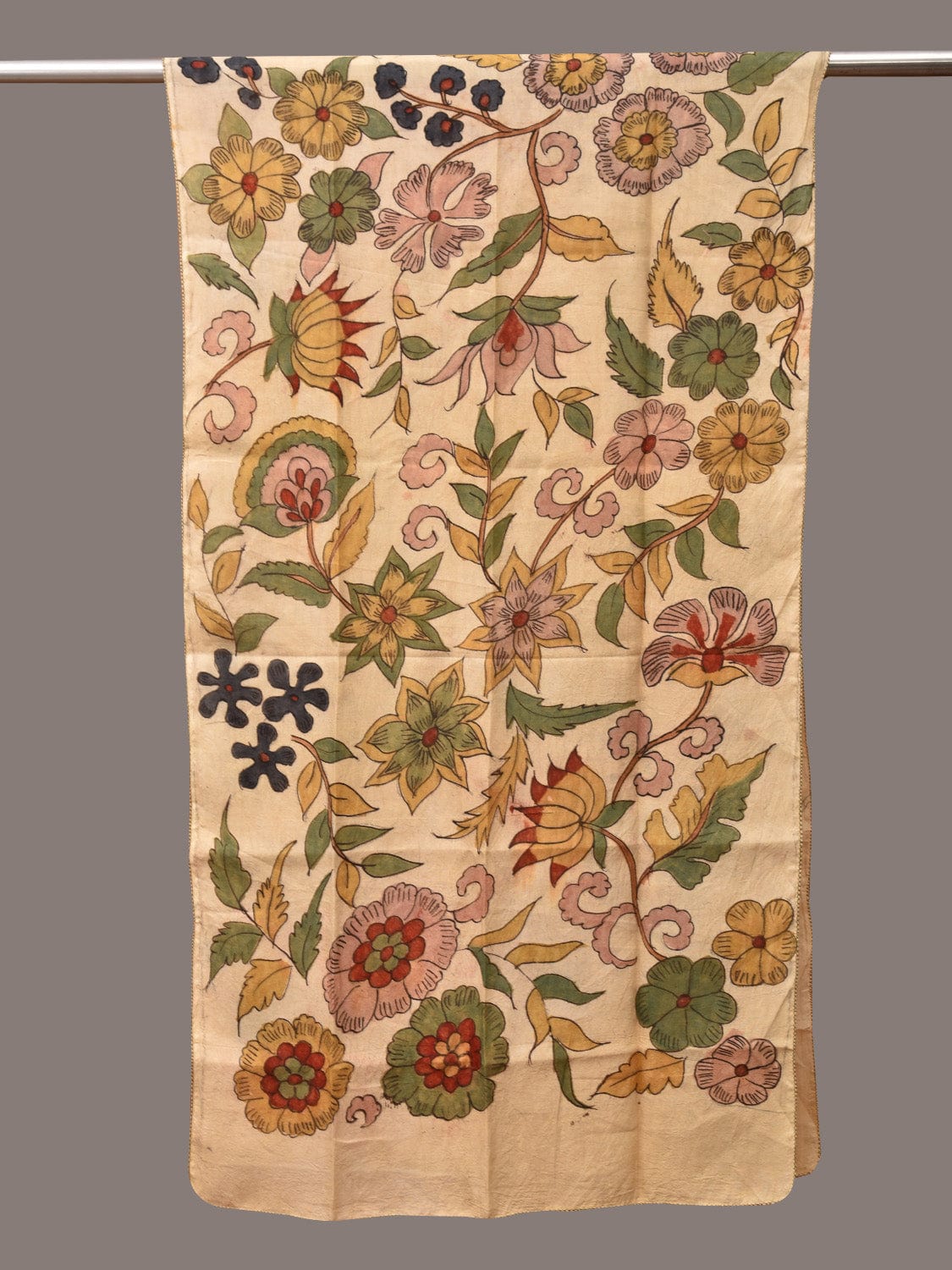 Cream Kalamkari Hand Painted Sico Stole with Floral Design - Global Threads | Grocsy