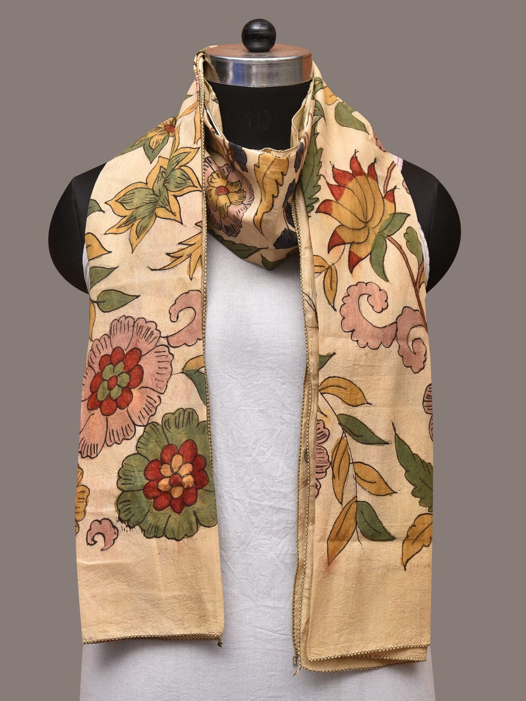 Cream Kalamkari Hand Painted Sico Stole with Floral Design - Global Threads | Grocsy