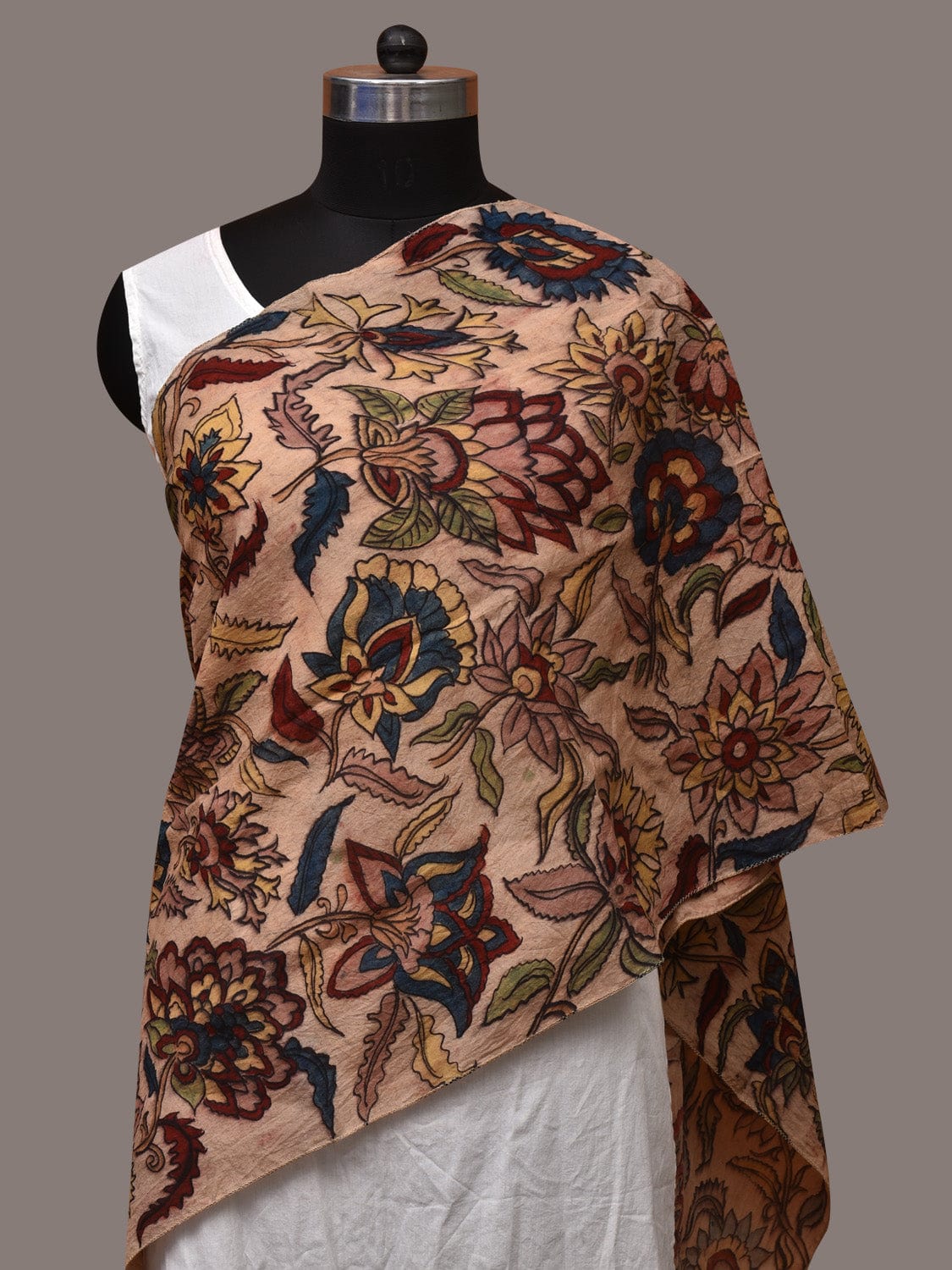 Cream Kalamkari Hand Painted Sico Stole with Floral Design - Global Threads | Grocsy