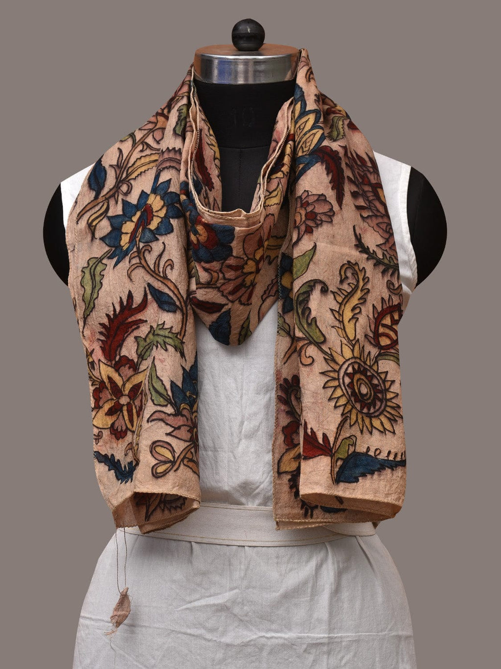 Cream Kalamkari Hand Painted Sico Stole with Floral Design - Global Threads | Grocsy