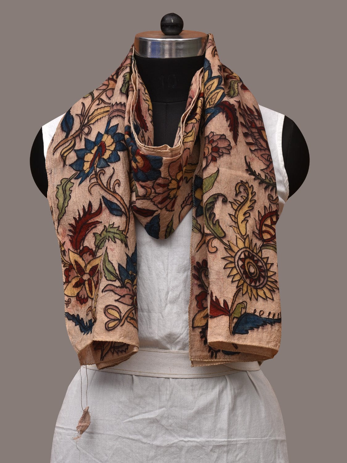 Cream Kalamkari Hand Painted Sico Stole with Floral Design - Global Threads | Grocsy