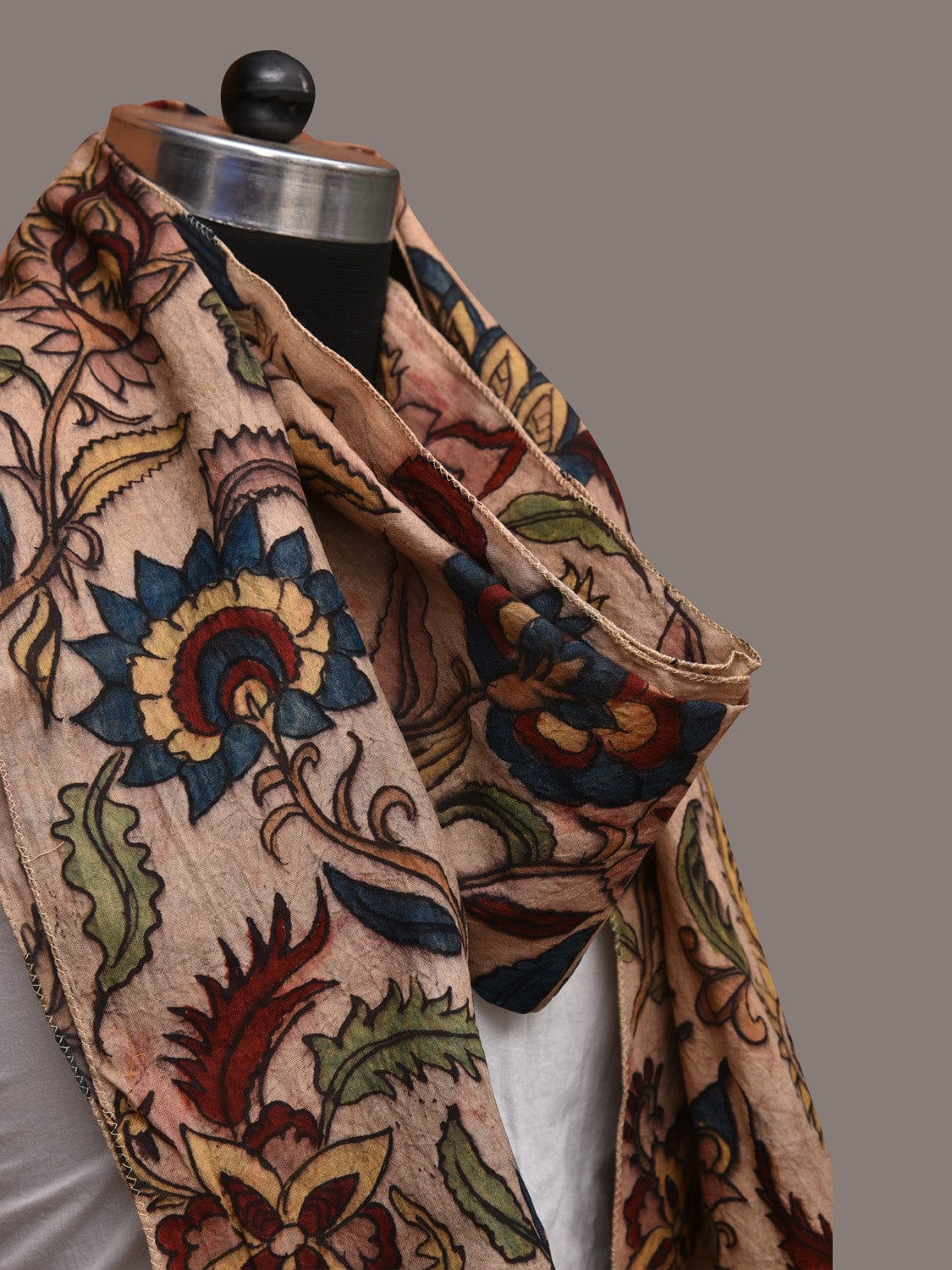 Cream Kalamkari Hand Painted Sico Stole with Floral Design - Global Threads | Grocsy