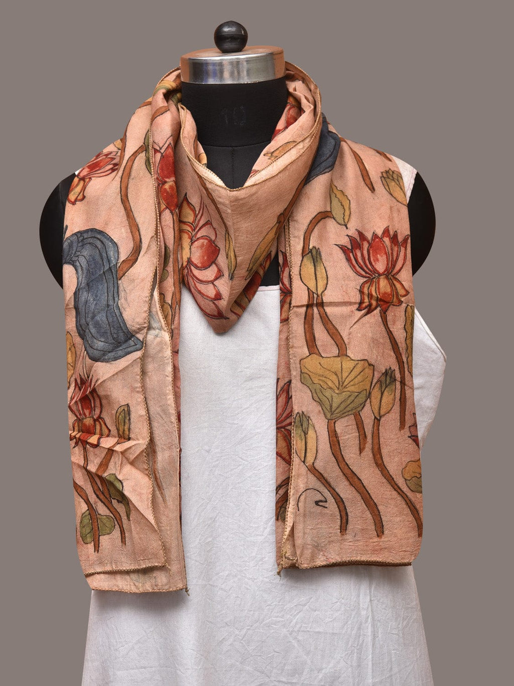 Cream Kalamkari Hand Painted Sico Stole with Lotus and Peacocks Design - Global Threads | Grocsy