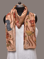 Cream Kalamkari Hand Painted Sico Stole with Lotus and Peacocks Design - Global Threads | Grocsy